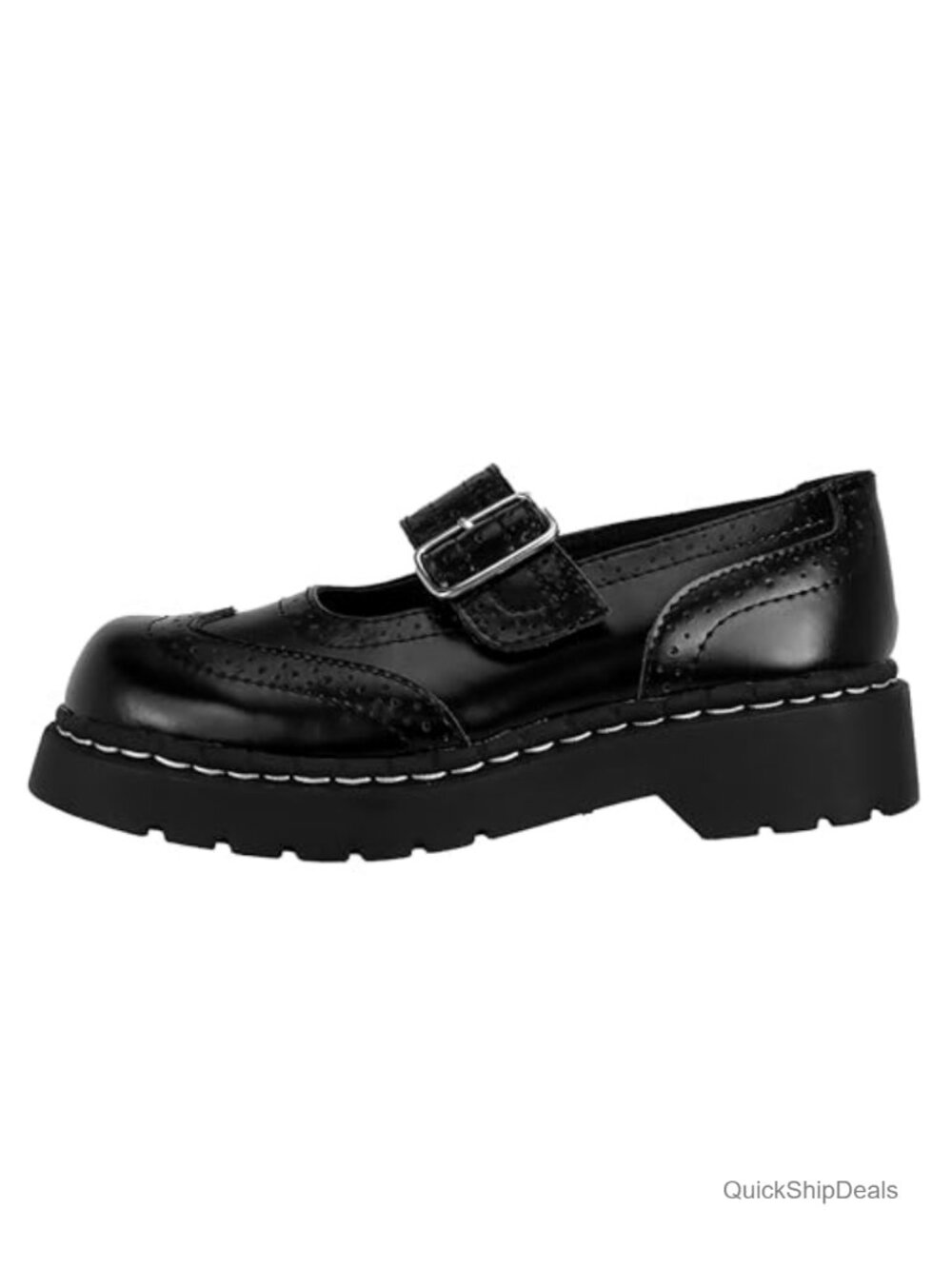 Vintage Style Brogue Mary Jane Flats - Leather Wingtip Shoes with Adjustable